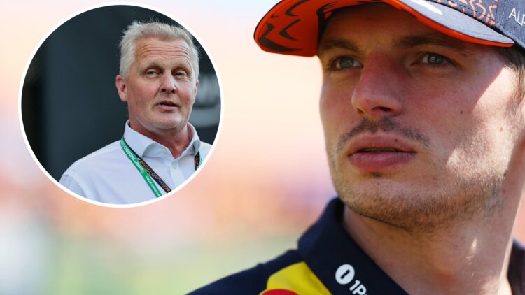 Red Bull driver Max Verstappen before the 2025 F1 Austrian Grand Prix with an inset of Johnny Herbert at the 2024 F1 Saudi Arabian GP