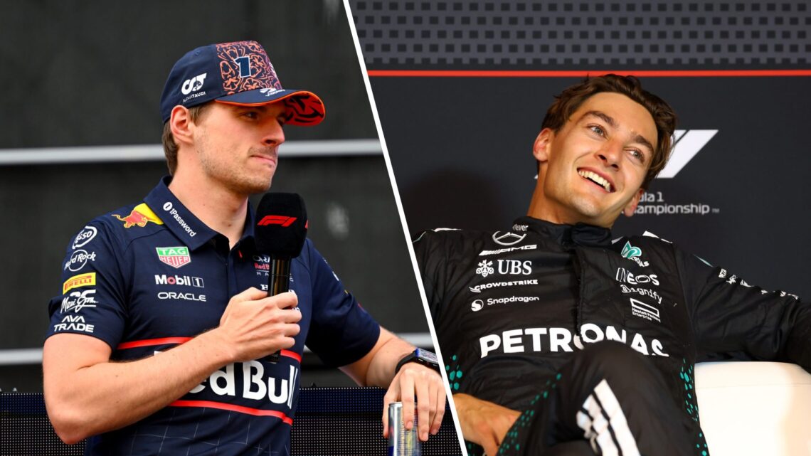 Split image of Red Bull driver Max Verstappen (L) at the 2025 Austrian Grand Prix and Mercedes driver George Russell (R)