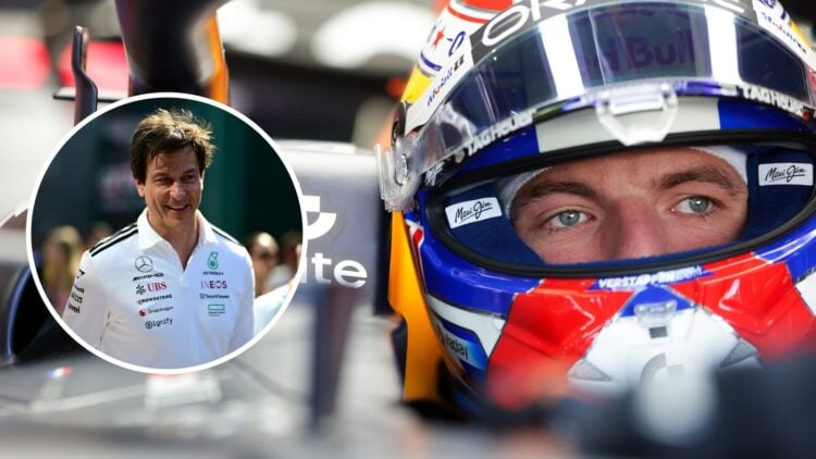 Max Verstappen of Red Bull sits in the cockpit; inset of Mercedes team principal Toto Wolff