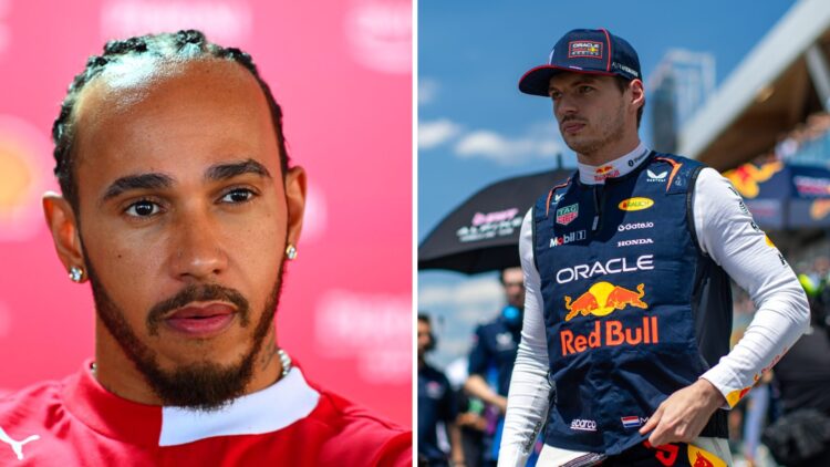 Split image of Ferrari driver Lewis Hamilton (L) at the 2025 Austrian Grand Prix and Red Bull driver Max Verstappen
