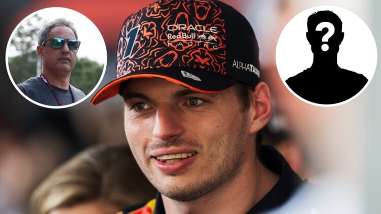 Red Bull driver Max Verstappen at the 2025 Austrian Grand Prix, insets Juan Pablo Montoya and Mystery