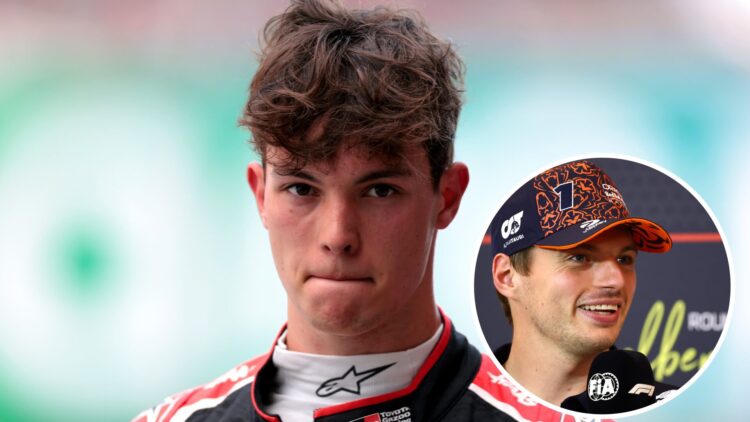 Haas driver Oliver Bearman reacts after qualifying for the 2025 F1 Spanish Grand Prix, inset Max Verstappen