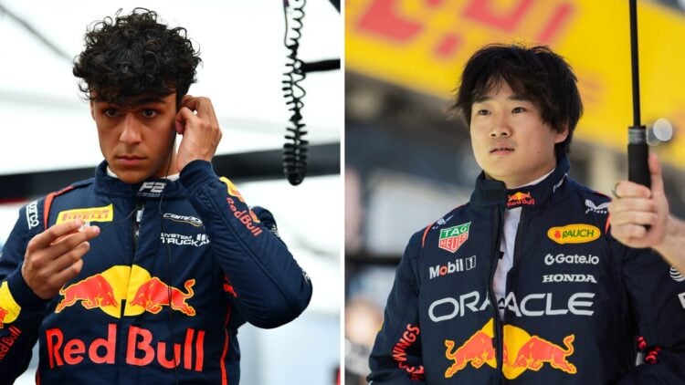 Split image of Red Bull junior and F2 driver Arvid Lindblad (L) and Red Bull driver Yuki Tsunoda (R)