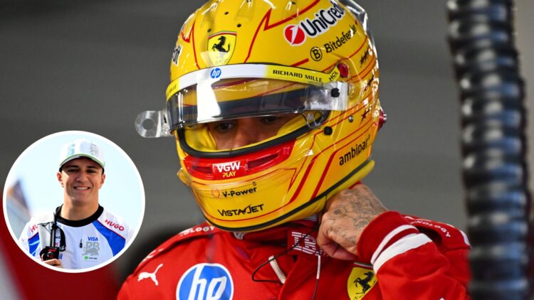 Lewis Hamilton of Ferrari looks on in the garage; inset of Racing Bulls driver Isack Hadjar