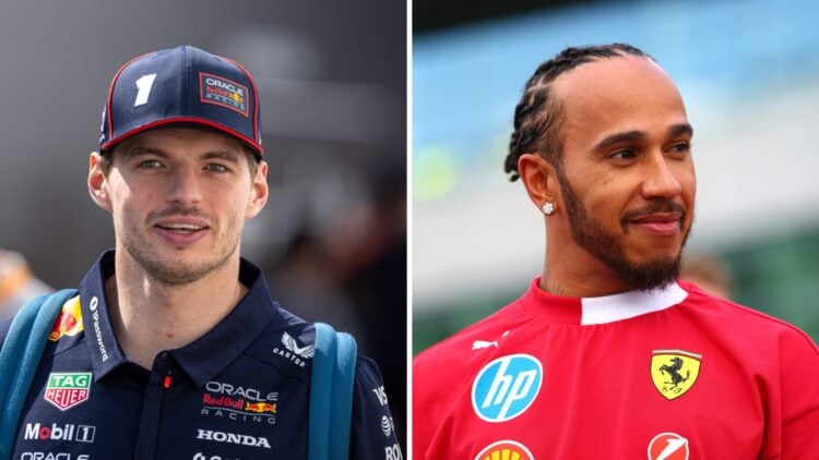 Max Verstappen of Red Bull walks in the F1 paddock (L); Lewis Hamilton of Ferrari looks on (R)