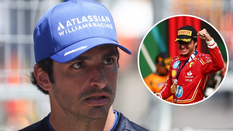 Carlos Sainz of Williams looks on; inset of him celebrating in Ferrari colours
