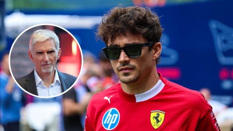 Charles Leclerc of Ferrari walks in the F1 paddock; inset of Damon Hill