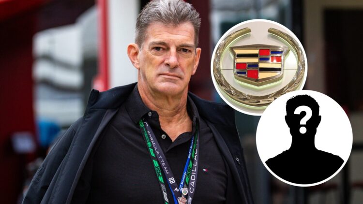 Cadillac team principal Graeme Lowdon in the 2025 Formula 1 British Grand Prix paddock with insets of the Cadillac badge and a mystery person