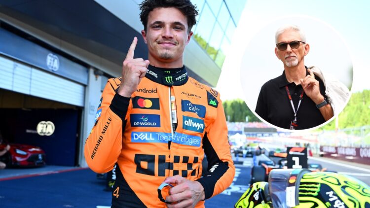 Lando Norris of McLaren celebrates in parc ferme; inset of Damon Hill