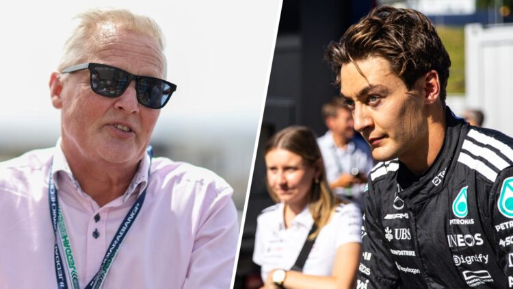 Johnny Herbert at the 2024 F1 Saudi Arabian GP and Mercedes driver George Russell reacts after the 2025 F1 Austrian Grand Prix