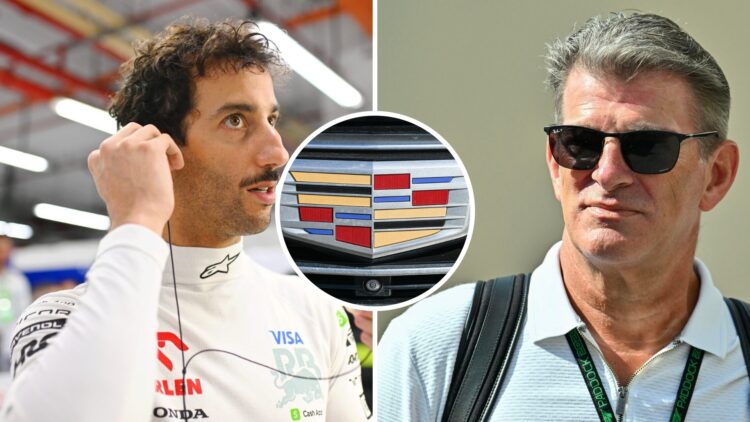 Daniel Ricciardo (left) racing for RB at the 2024 F1 Singapore Grand Prix, Cadillac team principal Graeme Lowdon (right), inset, the Cadillac badge