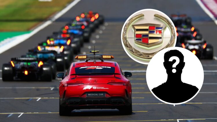 The FIA Medical car at the back of the 2025 Formula 1 British Grand Prix, inset, Cadillac logo