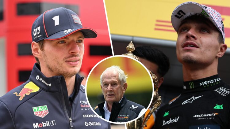 Red Bull driver Max Verstappen in the Silverstone paddock and Lando Norris of McLaren celebrates winning the 2025 F1 British Grand Prix with an ins...
