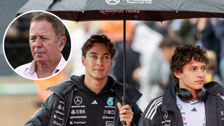 Mercedes drivers George Russell and Andrea Kimi Antonelli at the 2025 Formula 1 British Grand Prix, inset, Martin Brundle