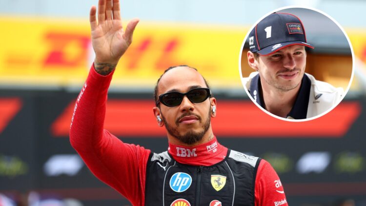 Lewis Hamilton of Ferrari waves to F1 fans; inset of Red Bull driver Max Verstappen smiling