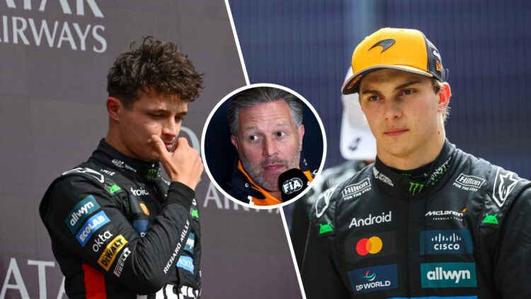 Lando Norris (left) looks down from the podium at the British Grand Prix. Zak Brown (middle) speaks into a microphone and Oscar Piastri (right) loo...