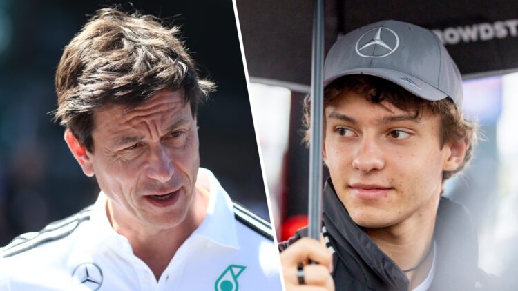 Mercedes Toto Wolff at the Austrian GP and driver Andrea Kimi Antonelli in the paddock before the 2025 F1 British Grand Prix at Silverstone