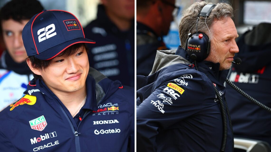 Red Bull Racing driver Yuki Tsunoda (left) and team principal Christian Horner (right) at the 2025 Formula 1 British Grand Prix