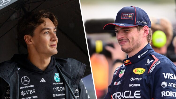 Mercedes driver George Russell arrives at the 2025 F1 British Grand Prix and Max Verstappen of Red Bull celebrates scoring pole position at Silvers...