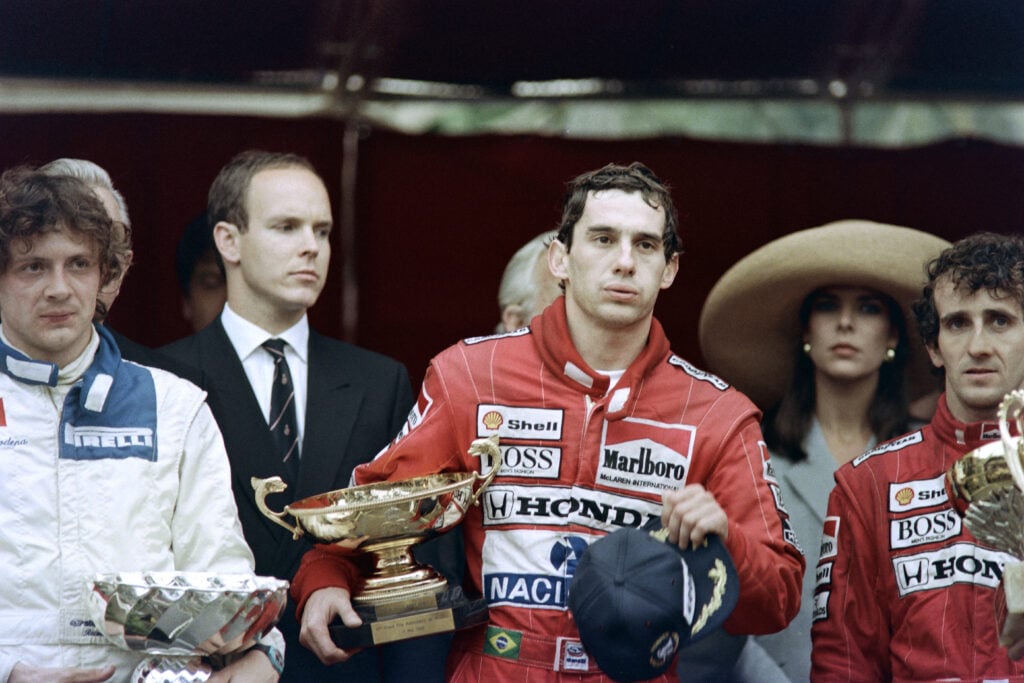 McLaren driver Ayrton Senna winning the 1989 Monaco Grand Prix