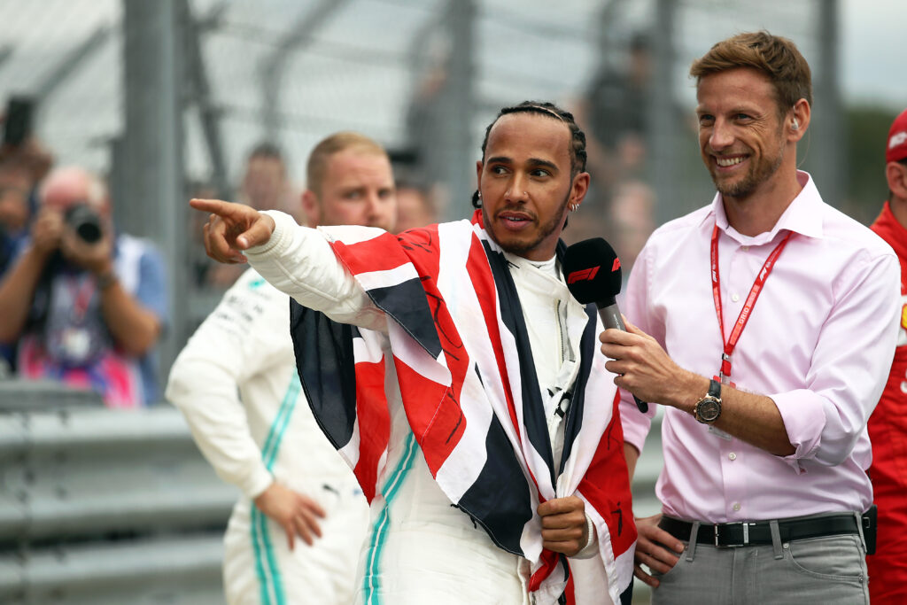 Lewis Hamilton of Mercedes at the 2019 British Grand Prix and Jenson Button