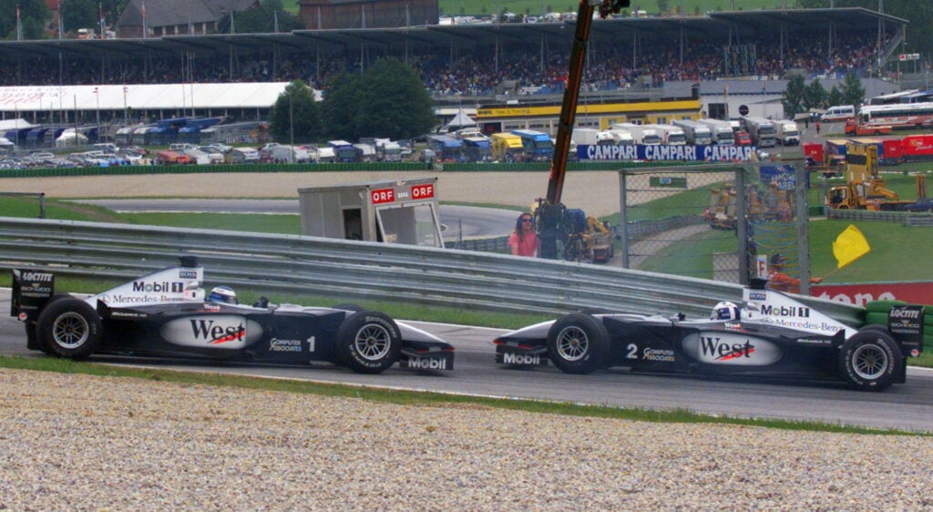 McLaren drivers Mika Hakkinen and David Coulthard spinning at the 1999 Austrian Grand Prix