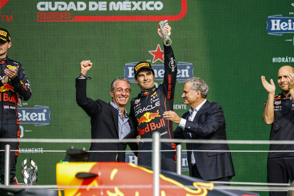 Sergio Perez celebrating with Carlos Slim at the Mexico City Grand Prix