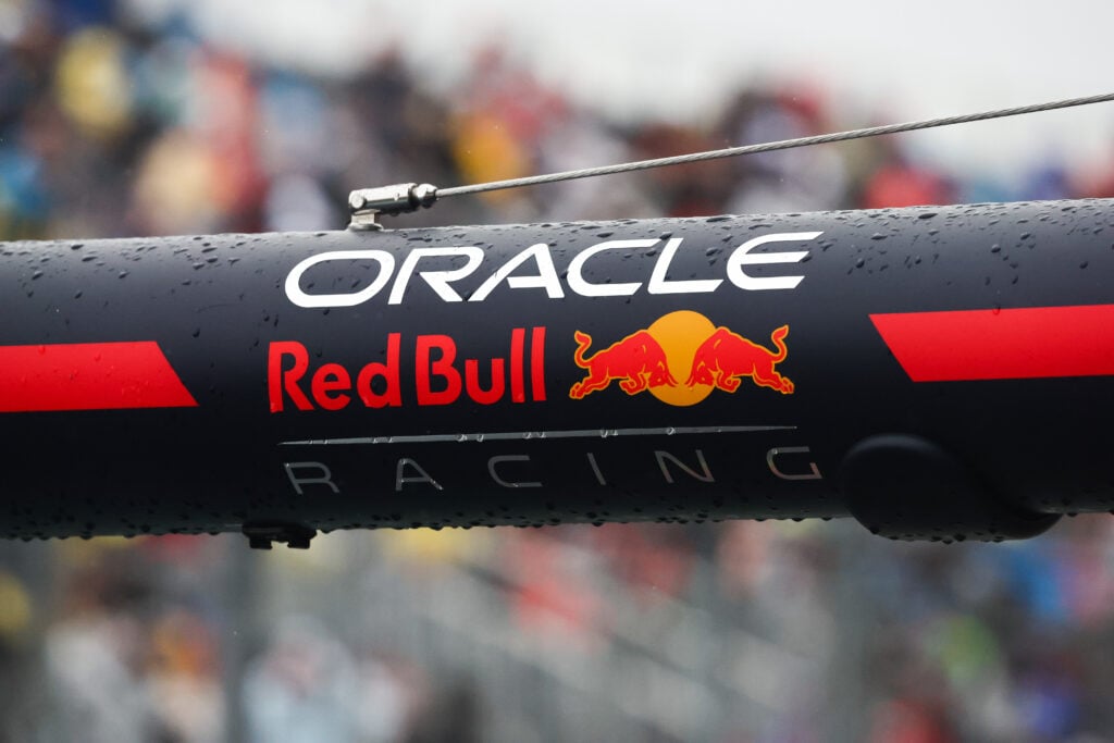 The Red Bull Racing logo pictured in the pit lane at the 2023 Canadian Grand Prix