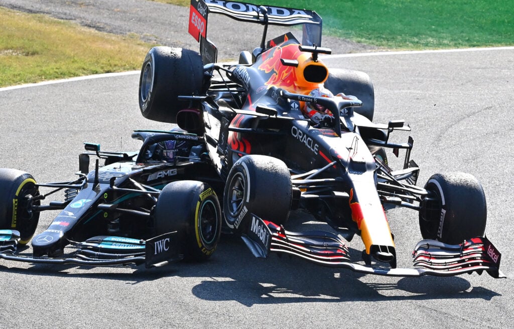 Max Verstappen and Lewis Hamilton clashing at the 2021 Italian Grand Prix