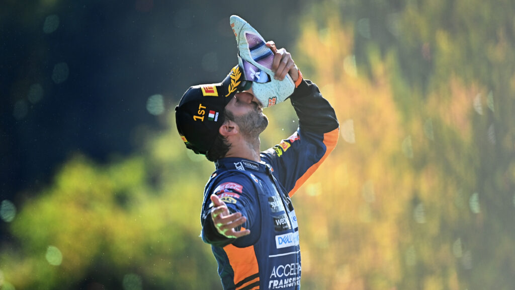 Daniel Ricciardo doing his iconic 'shoey' at the 2021 Italian Grand Prix after winning the race for McLaren