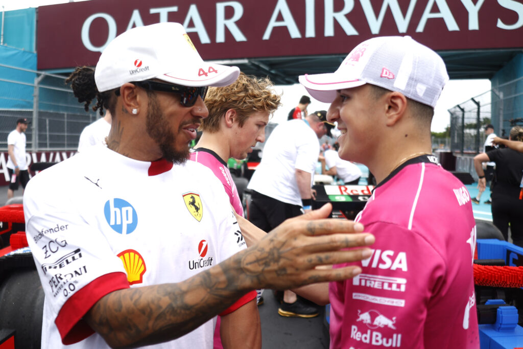 Ferrari driver Lewis Hamilton and Racing Bulls driver Isack Hadjar at the 2025 Miami Grand Prix