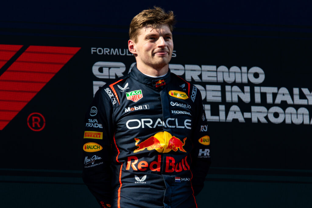 Max Verstappen of Red Bull smiles on the podium