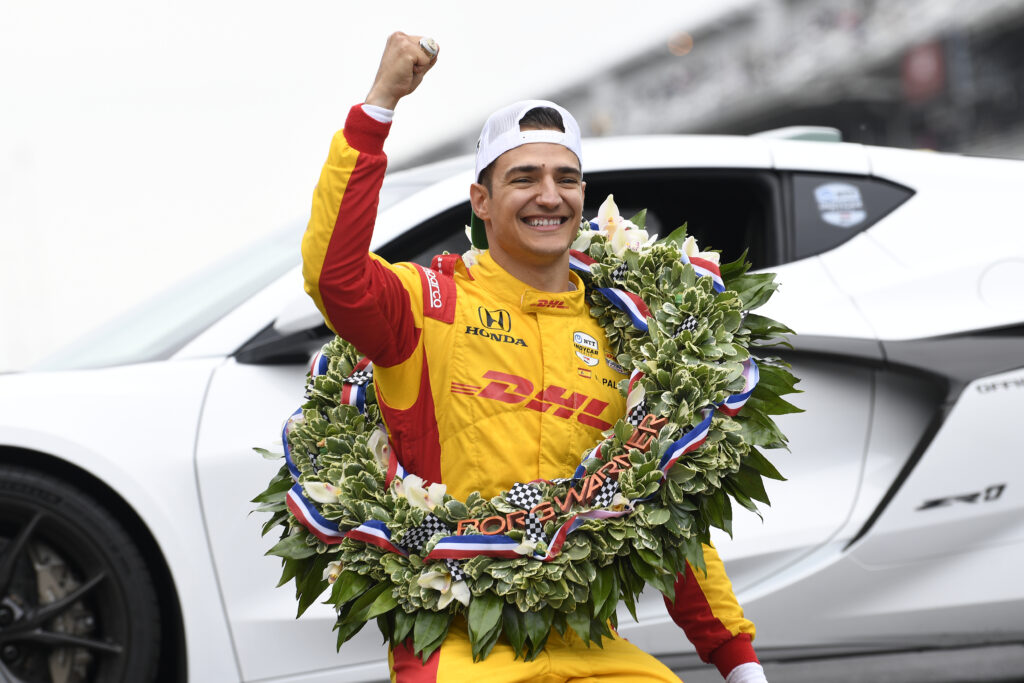 Alex Palou celebrating winning the 2025 Indianapolis 500