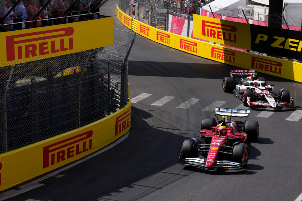 Ferrari driver Lewis Hamilton and Oliver Bearman of Haas on track during qualifying for the 2025 F1 Monaco Grand Prix