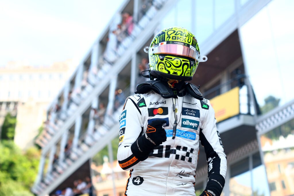 Lando Norris of McLaren celebrates pole at the Monaco Grand Prix