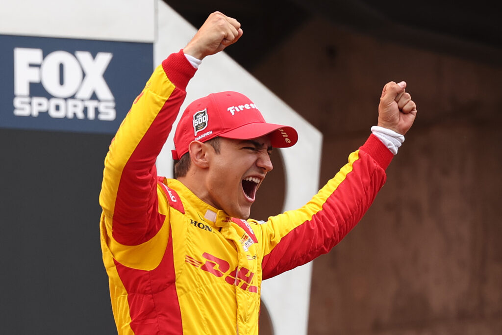 Alex Palou celebrating after the Indy 500