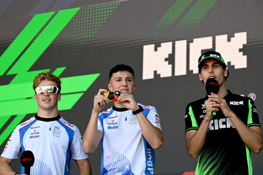 Racing Bulls drivers Liam Lawson and Isack Hadjar and Sauber driver Gabriel Bortoleto at the 2025 Formula 1 Spanish Grand Prix