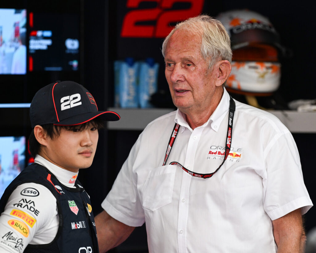 Helmut Marko and Red Bull driver Yuki Tsunoda at the 2025 Spanish Grand Prix