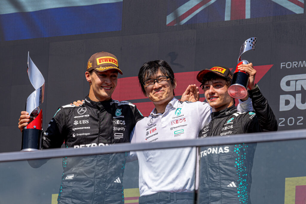 Mercedes drivers George Russell and Kimi Antonelli on the podium at the 2025 Formula 1 Canadian Grand Prix