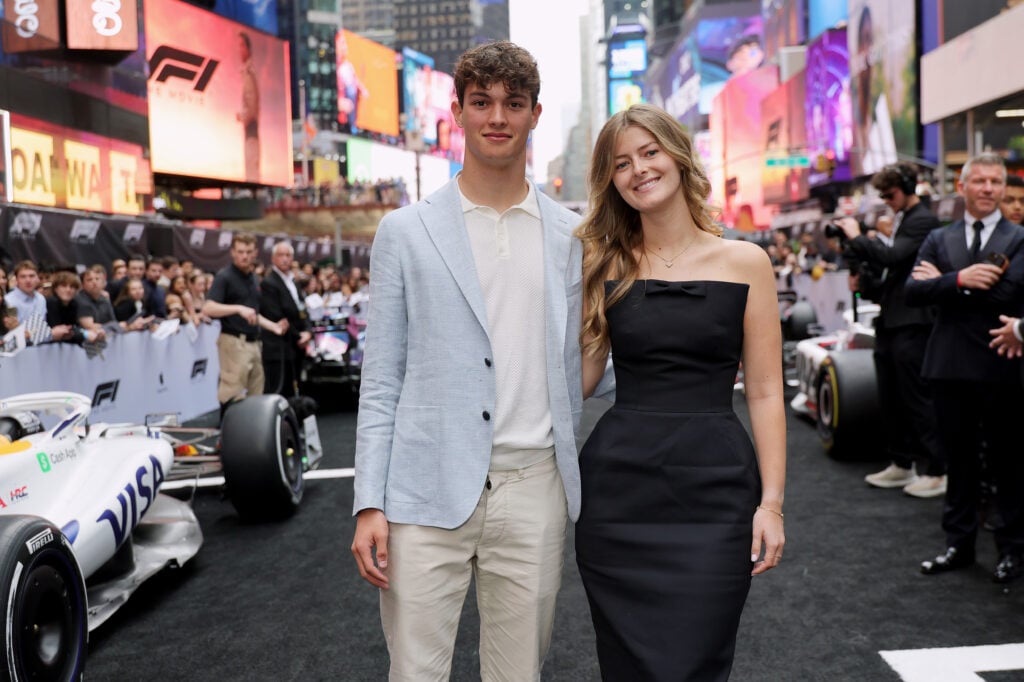 Oliver Bearman and girlfriend Alicia Stent-Torriani pose at the F1 The Movie premiere in New York