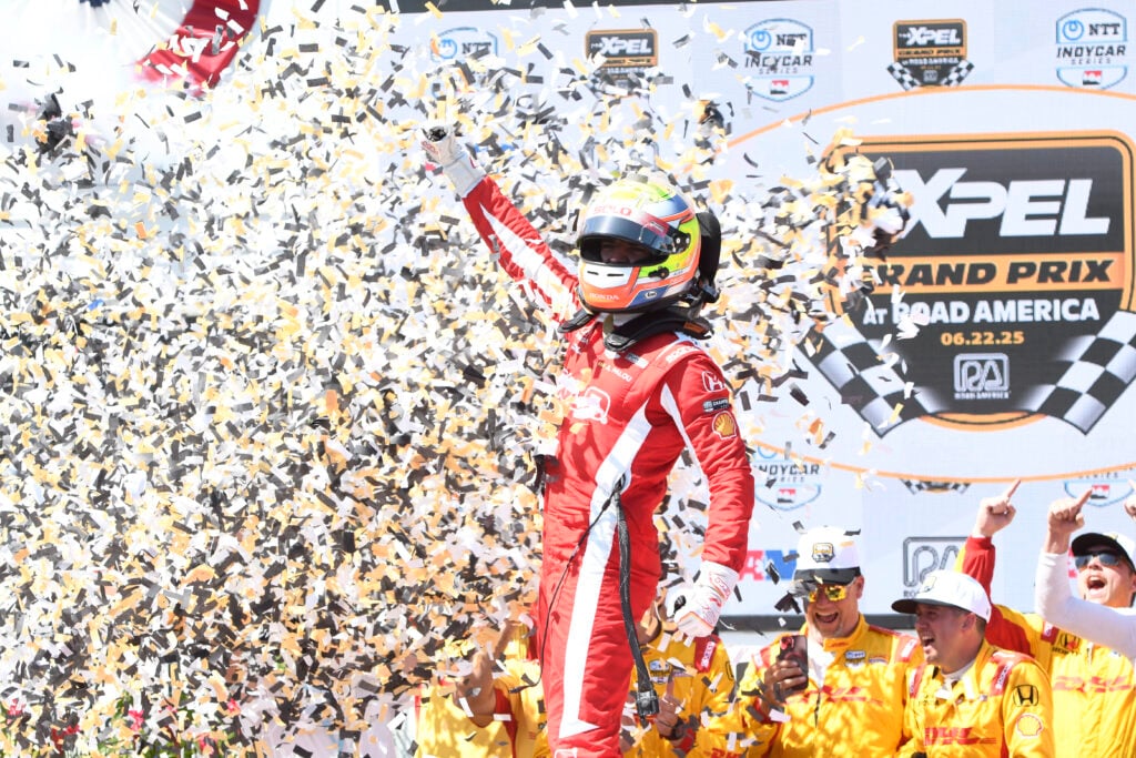 Chip Ganassi Racing driver Alex Palou celebrates winning the 2025 IndyCar championship