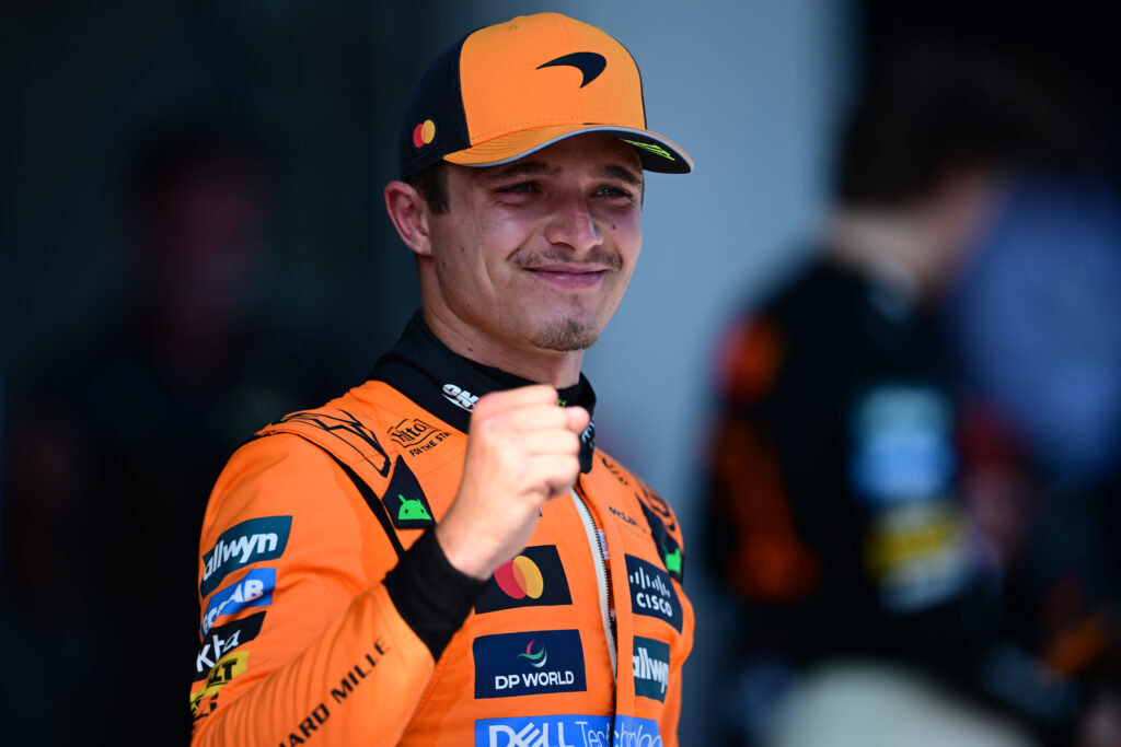 McLaren driver Lando Norris celebrates winning the 2025 F1 Austrian Grand Prix from pole position