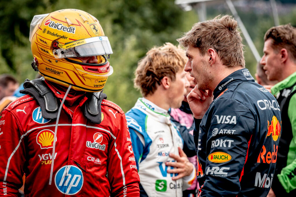 Ferrari driver Lewis Hamilton and Red Bull driver Max Verstappen at the 2025 Formula 1 Belgian Grand Prix