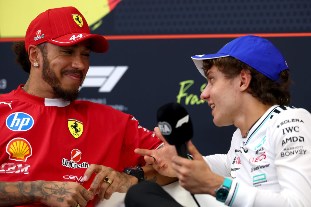 Ferrari driver Lewis Hamilton and Mercedes' Andrea Kimi Antonelli in a press conference at the 2025 F1 Belgian Grand Prix