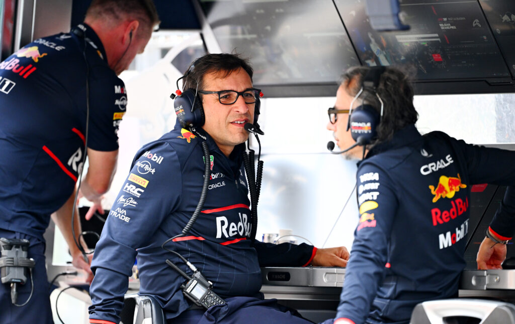 Red Bull technical director Pierre Wache speaks with team principal Laurent Mekies on the pit wall at the 2025 F1 Belgian Grand Prix