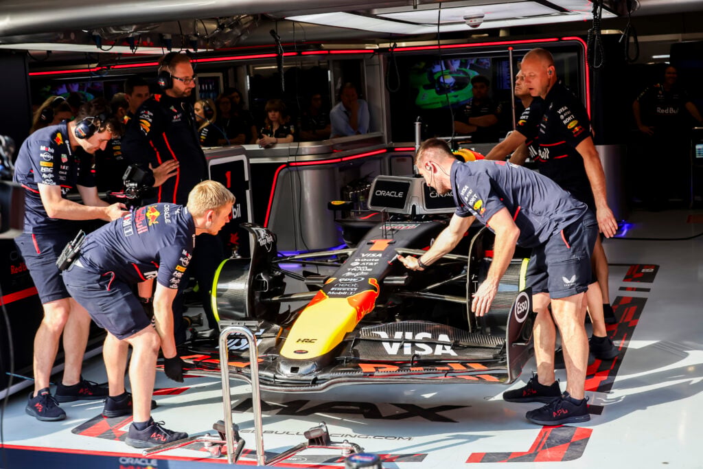 Red Bull engineers working on the RB21 during the Hungarian Grand Prix weekend