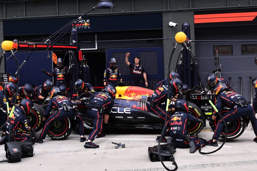 Red Bull driver Max Verstappen makes a pit stop during the 2025 F1 Hungarian Grand Prix