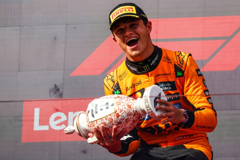 Lando Norris of McLaren celebrates winning the 2025 Hungarian Grand Prix on the podium
