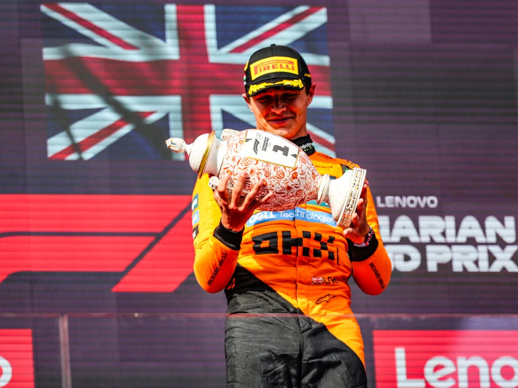 McLaren driver Lando Norris celebrates winning the 2025 F1 Hungarian Grand Prix