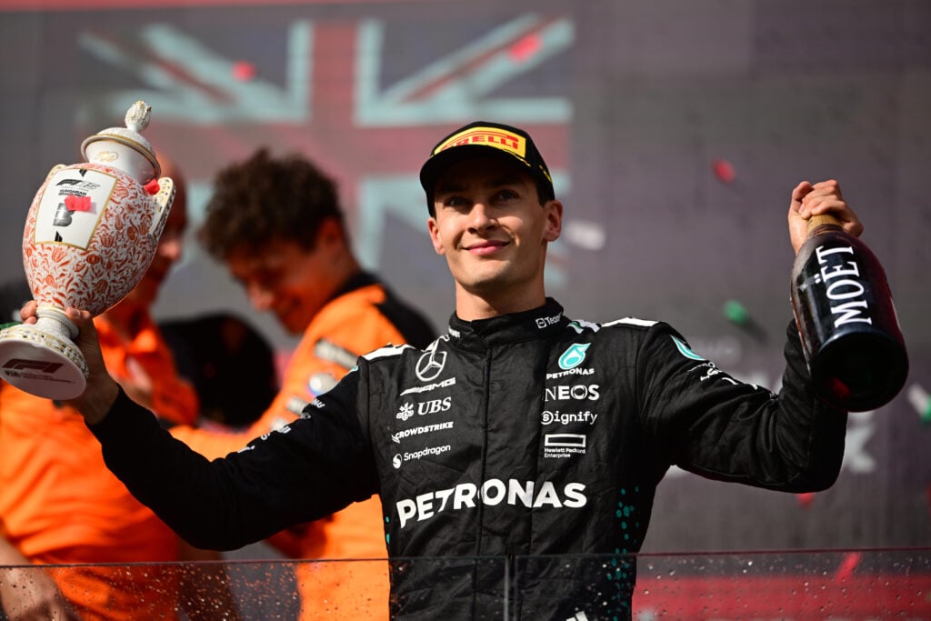 Mercedes driver George Russell celebrating finishing third at the 2025 Formula 1 Hungarian Grand Prix